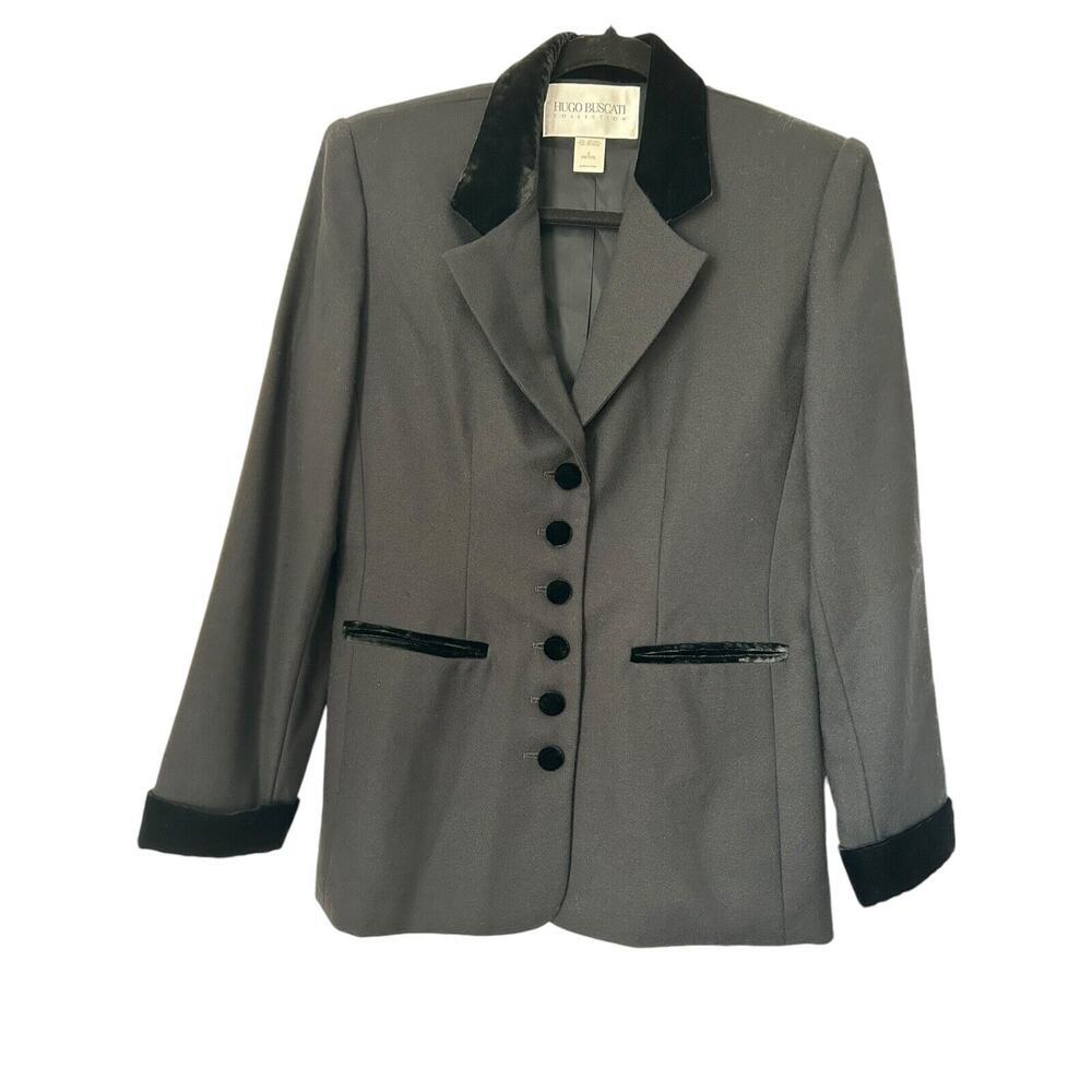 Hugo Buscati Collection Blazer Size 6P Black 100% Wool Long Sleeve Faux Fur Trim
